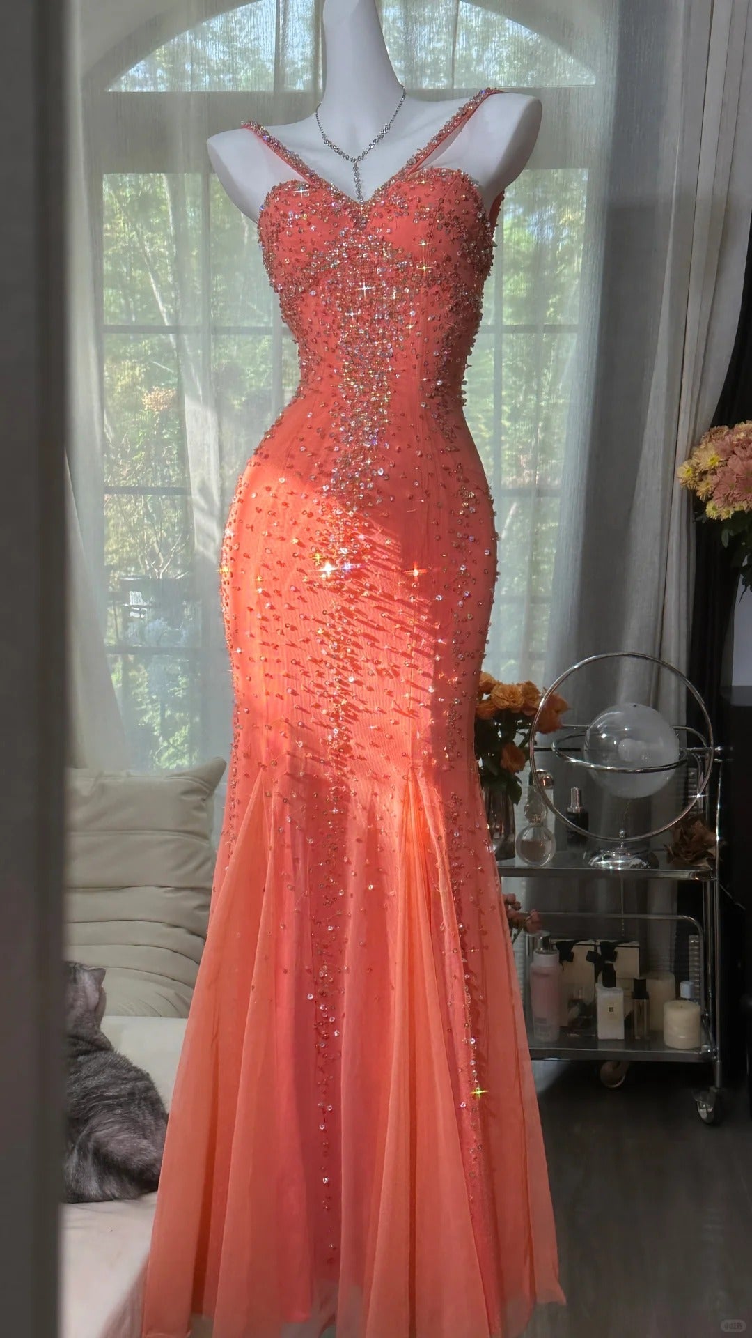 Modest Prom Dresses Mermaid Halter Coral Chiffon With Beading Long Evening Outfits N3551