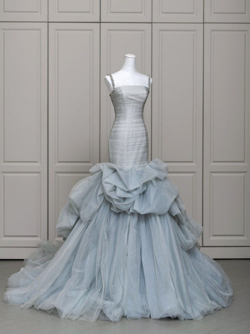 Light Blue Mermaid Spaghetti Straps Pleated Prom Dresses Evening Formal Gown Semi Formal Grad Long Prom Dress For Teens AB1996