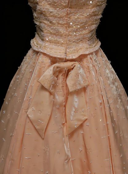 Cute Ball Gown Straps Blush Pink Satin With Beadings Long Party Gowns Prom Dresses N2124