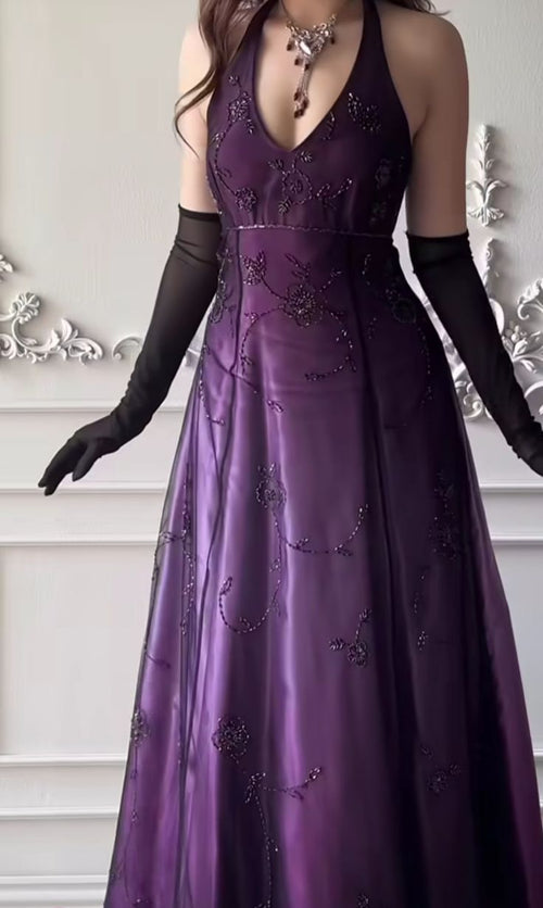 Vintage 80s A line Halter Grape Satin With Beading Formal Dress 18th Birthday Prom Dresses N2771