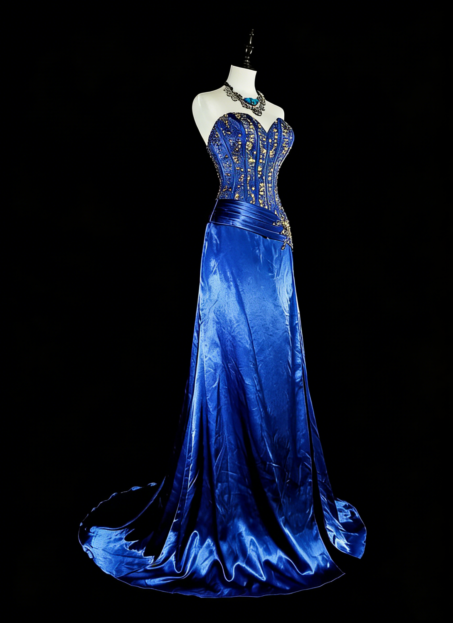 Vintage A line Sweetheart Royal Blue 70s Satin With Beadings Long Prom Gown Party Wear Dresses N1831