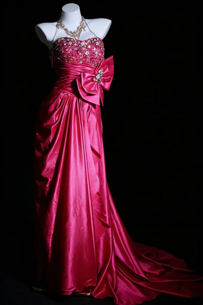 Modest Prom Dresses A line Strapless Hot Pink Fuchsia Long Formal Dance Dress N2975