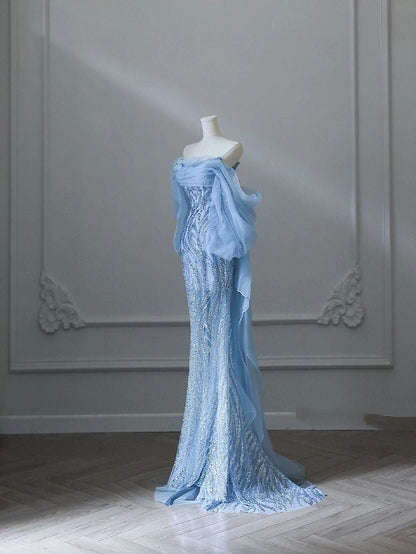 Sexy Mermaid Off The Shoulder Blue Sequin Long Formal Prom Dress Evening Gowns AB1684