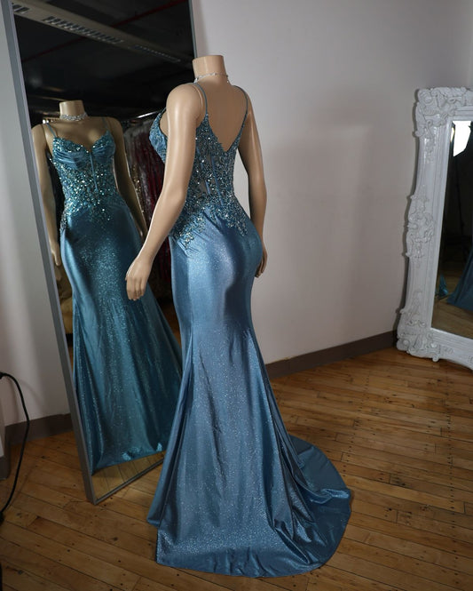 Blue Mermaid Spaghetti Straps Satin Long Appliques Prom Dress With Lace AB1682