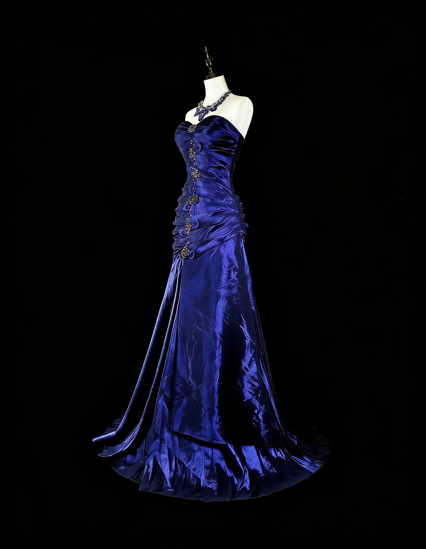 Vintage Mermaid Sweetheart Royal Blue Satin 80s Evening Gowns Formal Birthday Dress Long Prom Dresses N1756