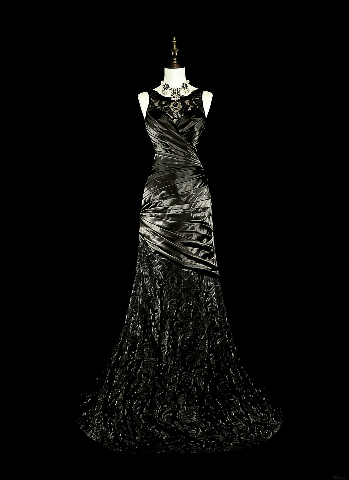 Vintage 1960s Boat Neck Sleeveless Satin Pleated Mermaid Long Prom Dresses N1574