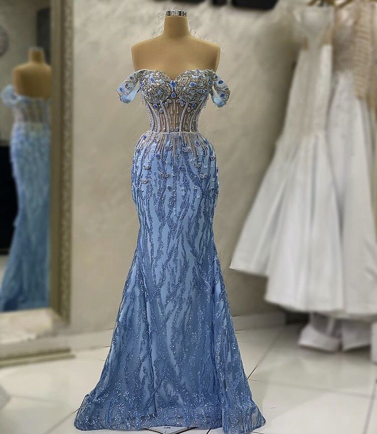 Elegant Crystal Beaded Mermaid Evening Dress Blue Sequined Capped Sleeve Prom Dresses Formal Dresses AB1692