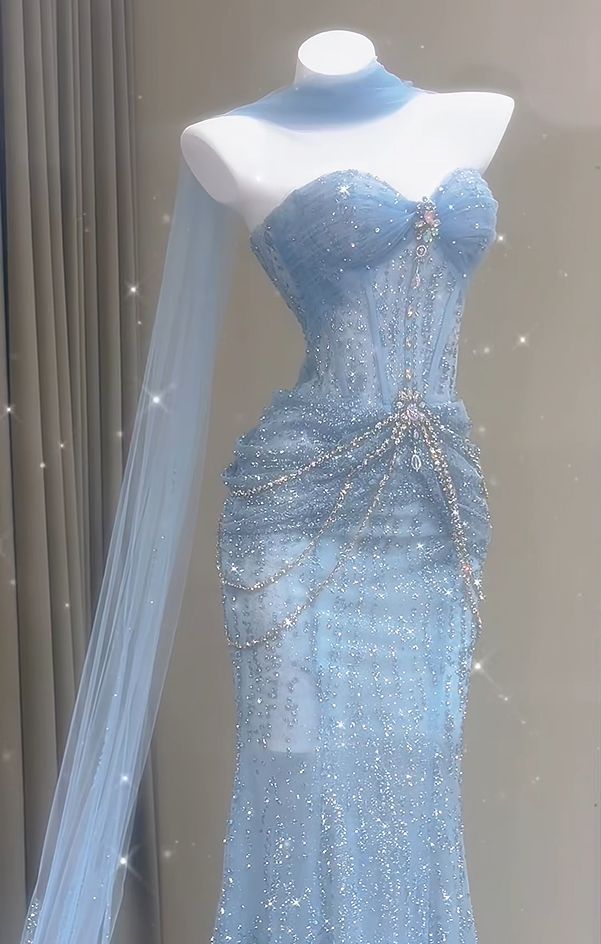 Blue Mermaid Prom Dress Aesthetic Sweetheart Tulle Long Formal Evening Dresses AB1664