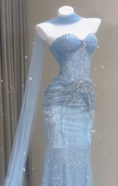 Blue Mermaid Prom Dress Aesthetic Sweetheart Tulle Long Formal Evening Dresses AB1664
