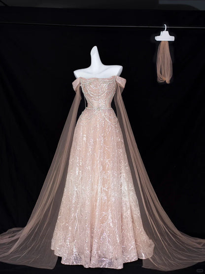 Elegant A Line Off The Shoulder Blush Pink With Short Sleeves Formal Dress Sequin Birthday Prom Dresses N2828