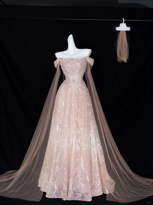 Elegant A Line Off The Shoulder Blush Pink With Short Sleeves Formal Dress Sequin Birthday Prom Dresses N2828
