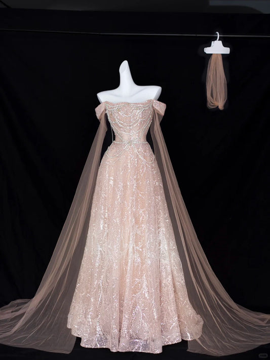 Elegant A Line Off The Shoulder Blush Pink With Short Sleeves Formal Dress Sequin Birthday Prom Dresses N2828