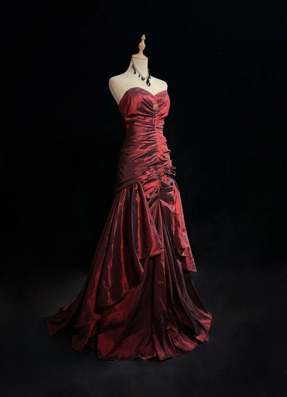 Vintage 90s Prom Dresses Mermaid Sweetheart Burgundy Taffeta With Ruffled Long Prom Gown N3031