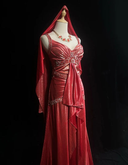 Classy A line Straps Coral With Beading Folds Sleeveless Long Formal Dress Gown With Cape Prom Dresses N2448
