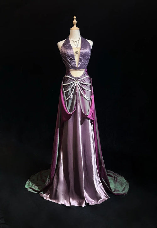 Glamour Prom Dresses Mermaid Halter Grape With Pearls Formal Evening Outfits N3851