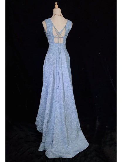 Vintage Classy Prom Dresses High Low Light Blue V Neck Lace Satin With Ruffled Evening Long Dress N3299