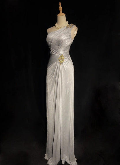 Beautiful Prom Dresses A line One Shoulder Silver Grey Long Formal Evening Outfits N3663