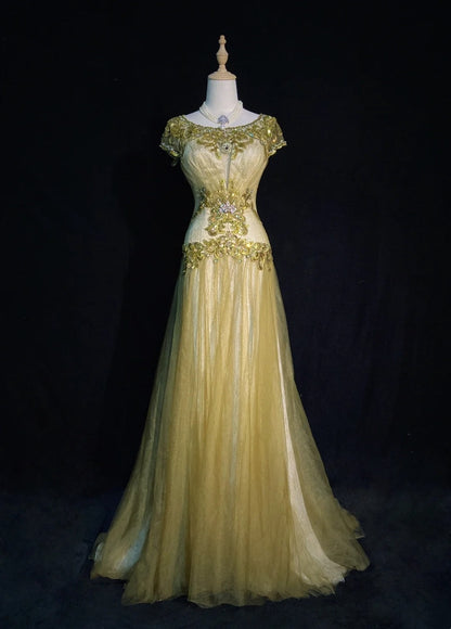 Vintage Prom Dresses 90s Mermaid Jewel Neck Gold Tulle With Beading Long Semi Formal Evening Dress N3674
