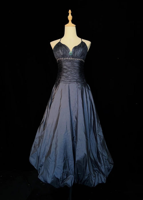 Timeless Prom Dresses Ball Gown Halter Navy Blue Taffeta With Beading Cape Evening Outfits N3287