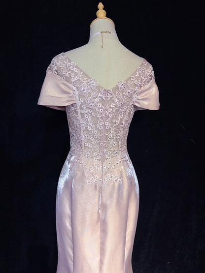 Vintage Prom Dresses Inspo Mermaid Off The Shoulder Pink Satin 80s With Lace Formal Gowns N3374
