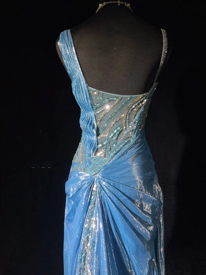 Vintage Prom Dresses Inspo Mermaid Straps Blue Sequined Long 1990s With Flower Formal Gowns N3355
