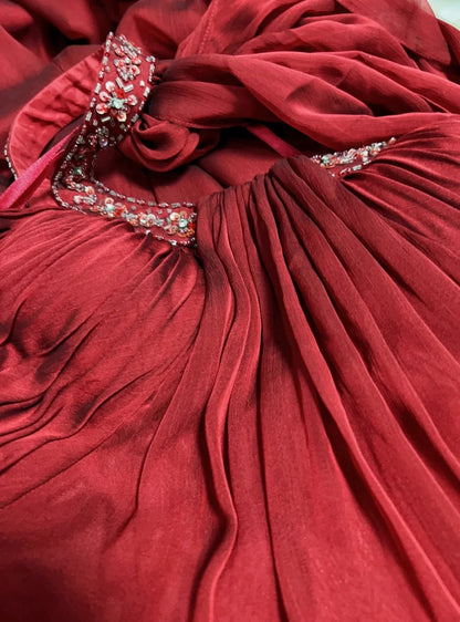 Elegant Prom Dresses A line Jewel Neck Burgundy Chiffon With Cape Beaded Sleeveless Long Formal Gown N2885