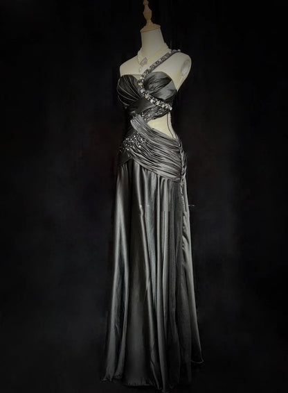 Vintage Prom Dresses 80s Mermaid One Shoulder Black Tie Dress With Beading Semi Formal Evening Outfits N3636