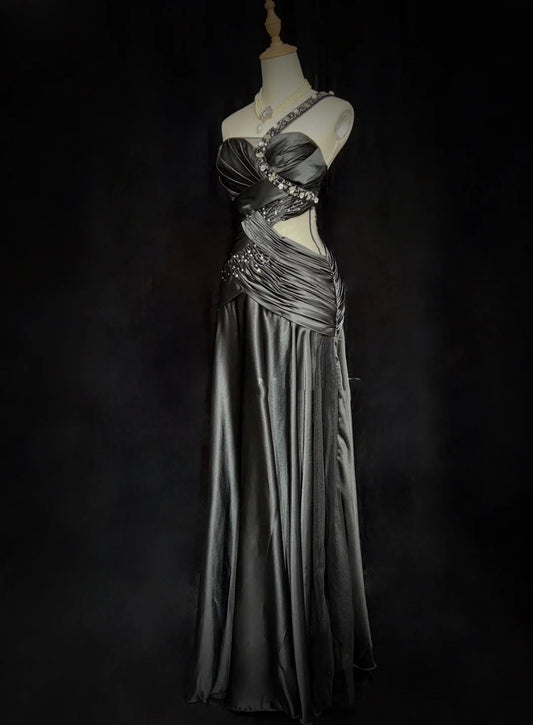 Vintage Prom Dresses 80s Mermaid One Shoulder Black Tie Dress With Beading Semi Formal Evening Outfits N3636