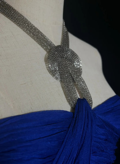 Vintage Prom Dresses A line Halter Royal Blue Chiffon With Beaded 90s Long Formal Gown N2903