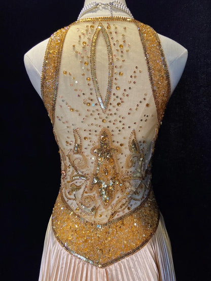 Vintage Prom Dresses 80s A Line Halter Sleeveless Gold With Beading Semi Formal Evening Outfits N3610