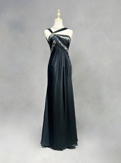 Modest Prom Dresses A Line Halter Black Chiffon Backless Floor Length Formal Evening Outfits N3484