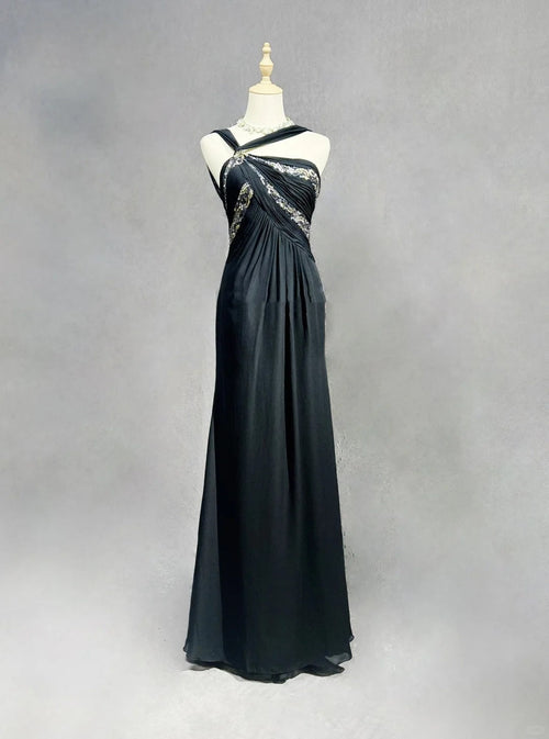 Modest Prom Dresses A Line Halter Black Chiffon Backless Floor Length Formal Evening Outfits N3484