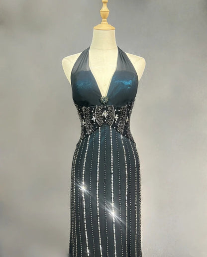 Vintage Prom Dresses 1980s Mermaid Halter Black Chiffon With Beaded Long Prom Gown N3122