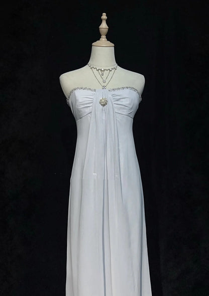 Vintage 90s Prom Dresses A Line Strapless Silver Chiffon Empire Long Prom Gown N3019