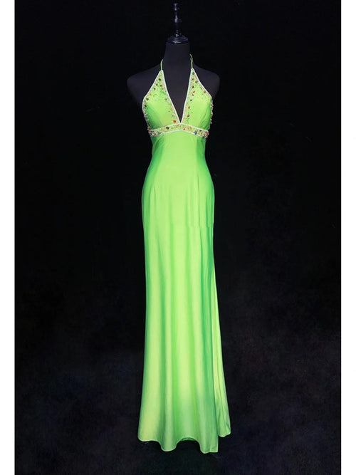 Modest Prom Dresses Mermaid Halter Green Satin Floor Length Formal Evening Outfits N3482