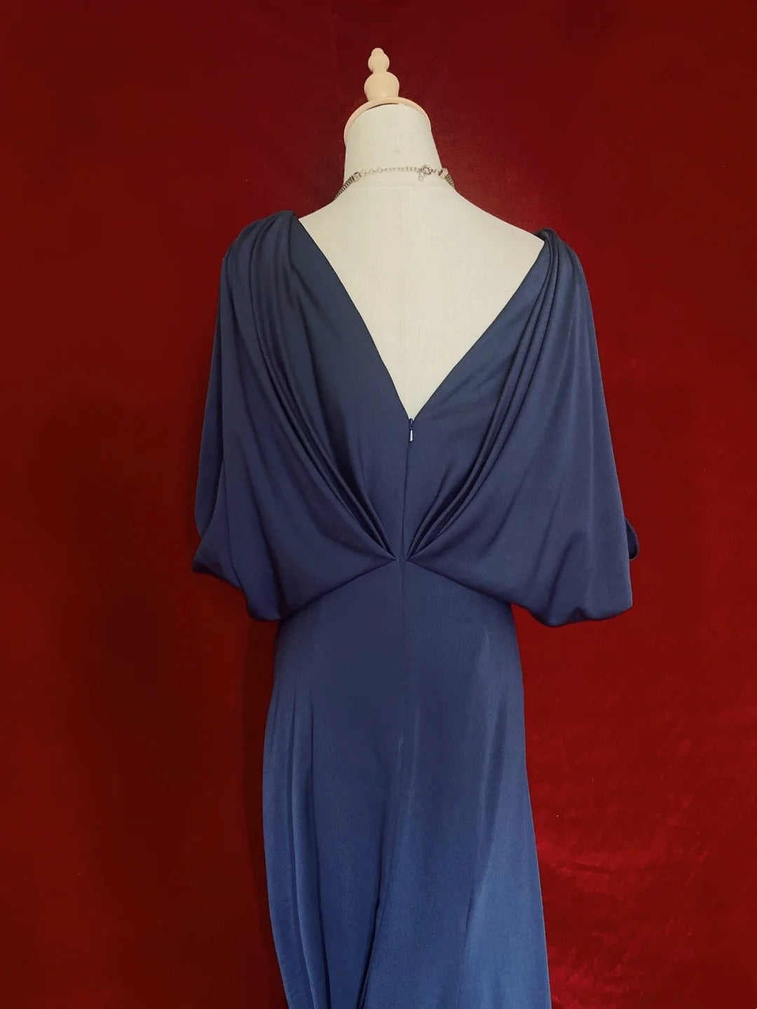 Vintage Prom Dresses 80s Mermaid V Neck Navy Blue Satin Floor Length Evening Outfits N3459