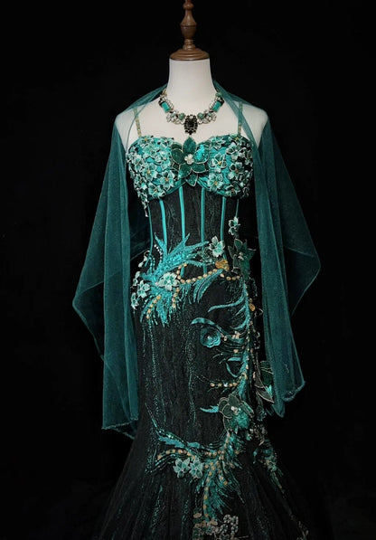 Vintage Prom Dresses Inspo Mermaid Spaghetti Strap Black Tulle Blue Lace With Beading For Women Formal Dress N3216