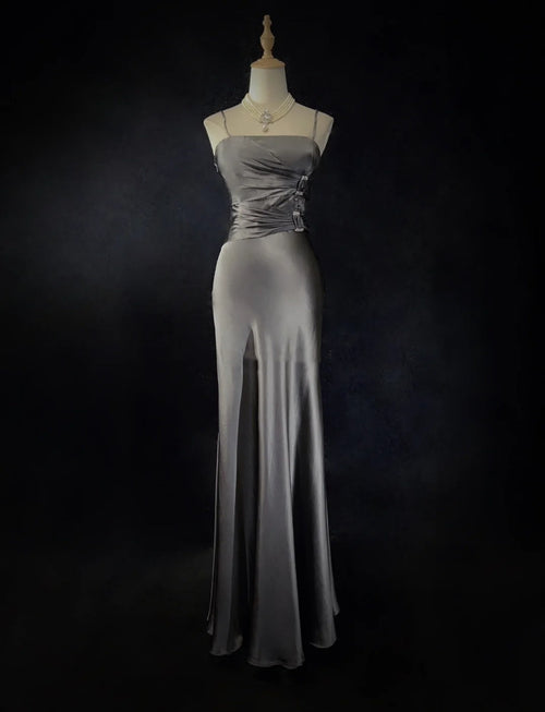 Modest Prom Dresses Mermaid Spaghetti Strap Grey Satin Long Evening Outfits N3471