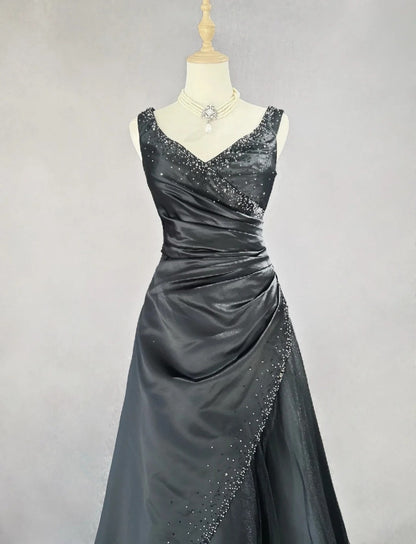 Vintage 90s Prom Dresses Ball Gown V Neck Black With Silver Beading Long Prom Gown N3022