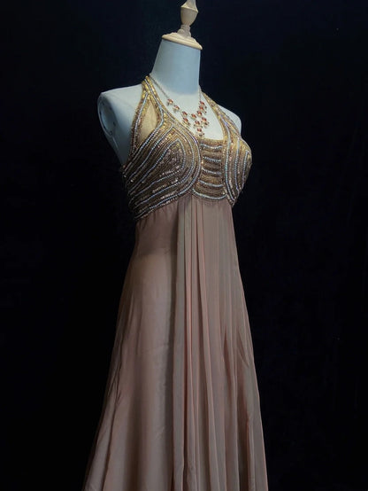 Vintage Prom Dresses 80s A line Halter Brown Chiffon With Beading Semi Formal Evening Outfits N3633