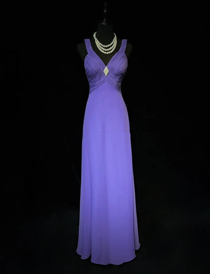 Vintage Prom Dresses A line V Neckline Purple Chiffon 80s Long Formal Evening Outfits N3887