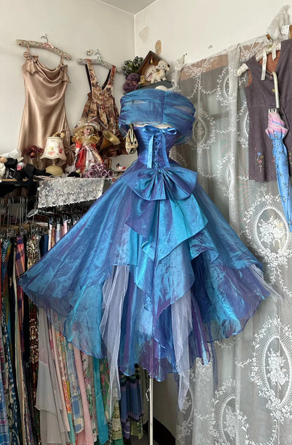 Classy Prom Dresses Ball Gown Sweetheart Blue Organza Tea Length Long Formal Evening Outfits N3769