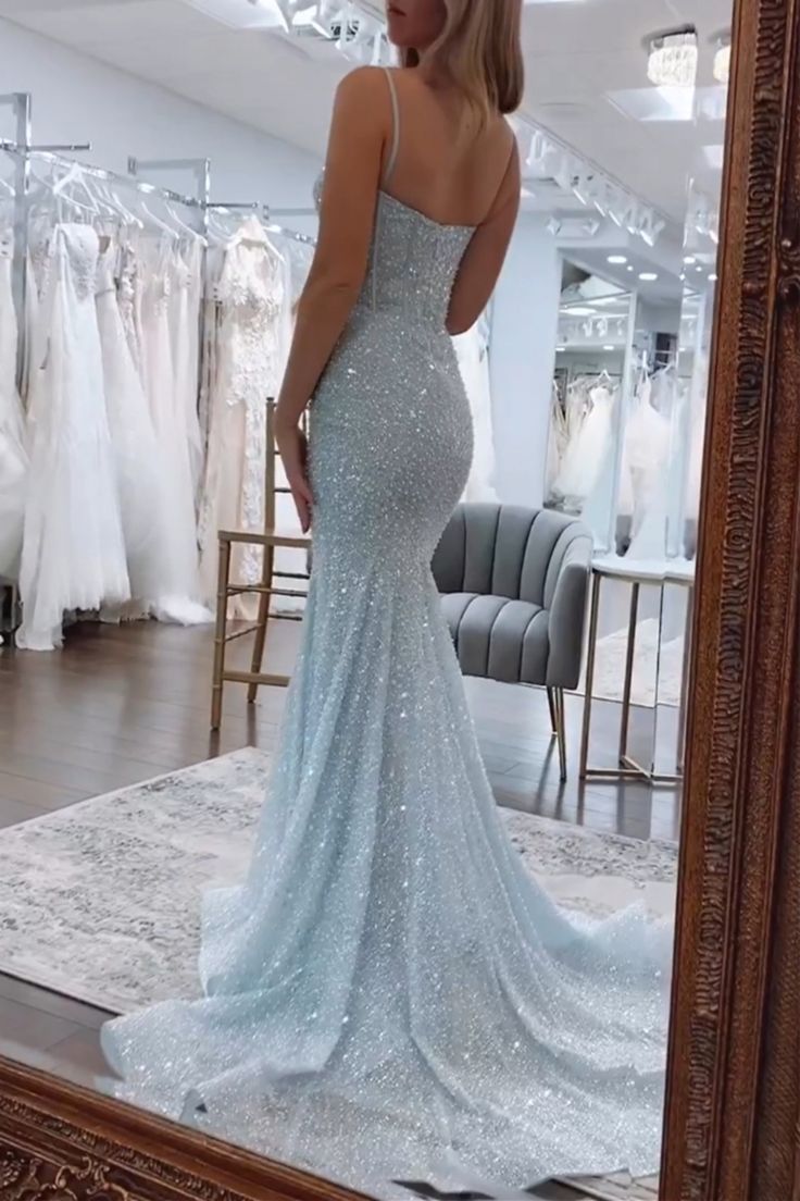 Shiny Royal Blue Mermaid Spaghetti Straps Long Beaded Prom Dress Party Gowns RB1671