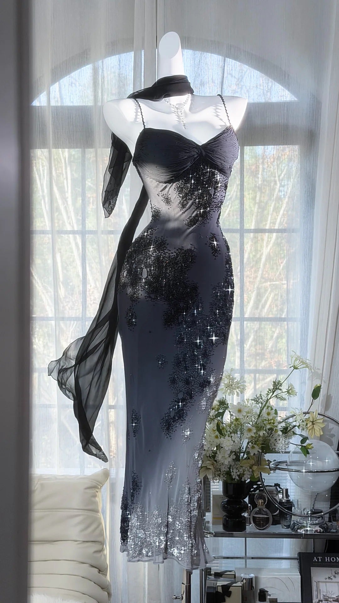 Charming Prom Dresses Mermaid Spaghetti Strap Black Chiffon Tea Length Evening Outfits N3555