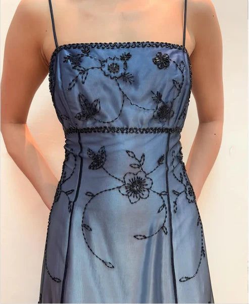 Blue/Grey Delicate Beaded Long Tulle Elegant A line Evening Dress Formal Birthday Party Dress Prom Dresses N1697