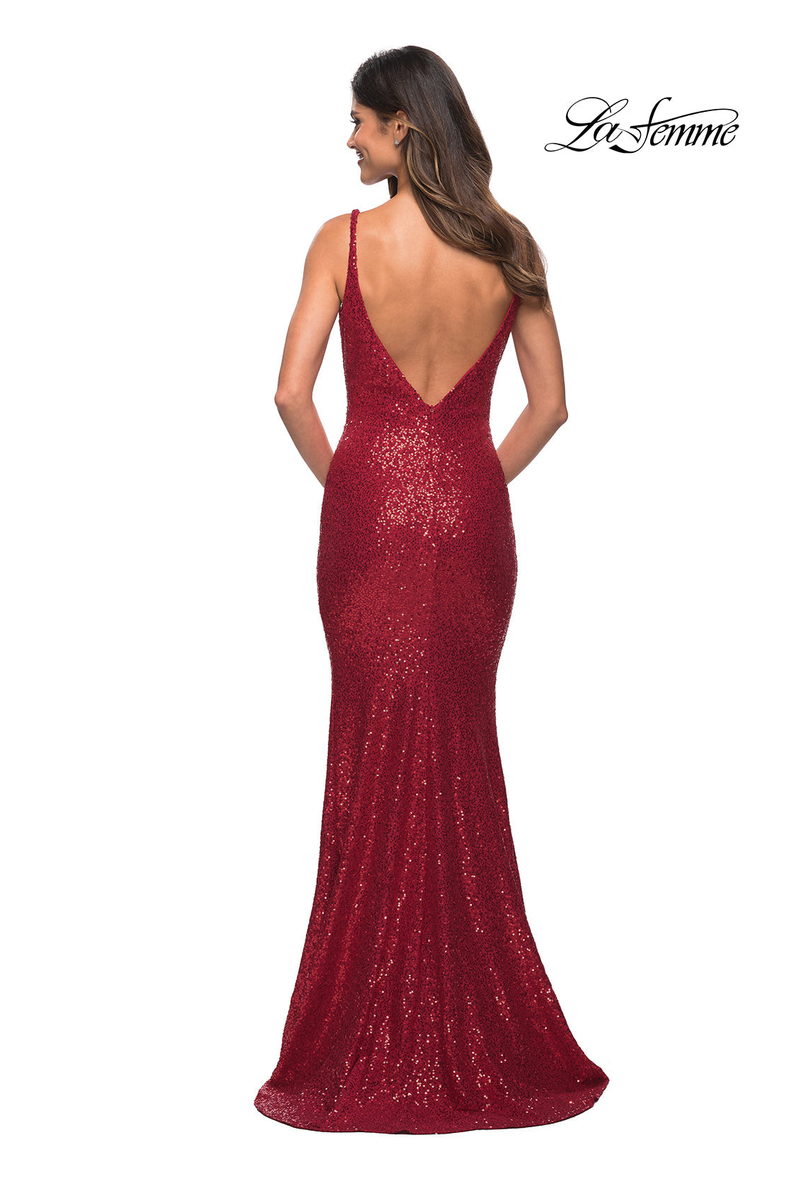 La Femme Sequin Long Prom Dress with Cowl Neckline