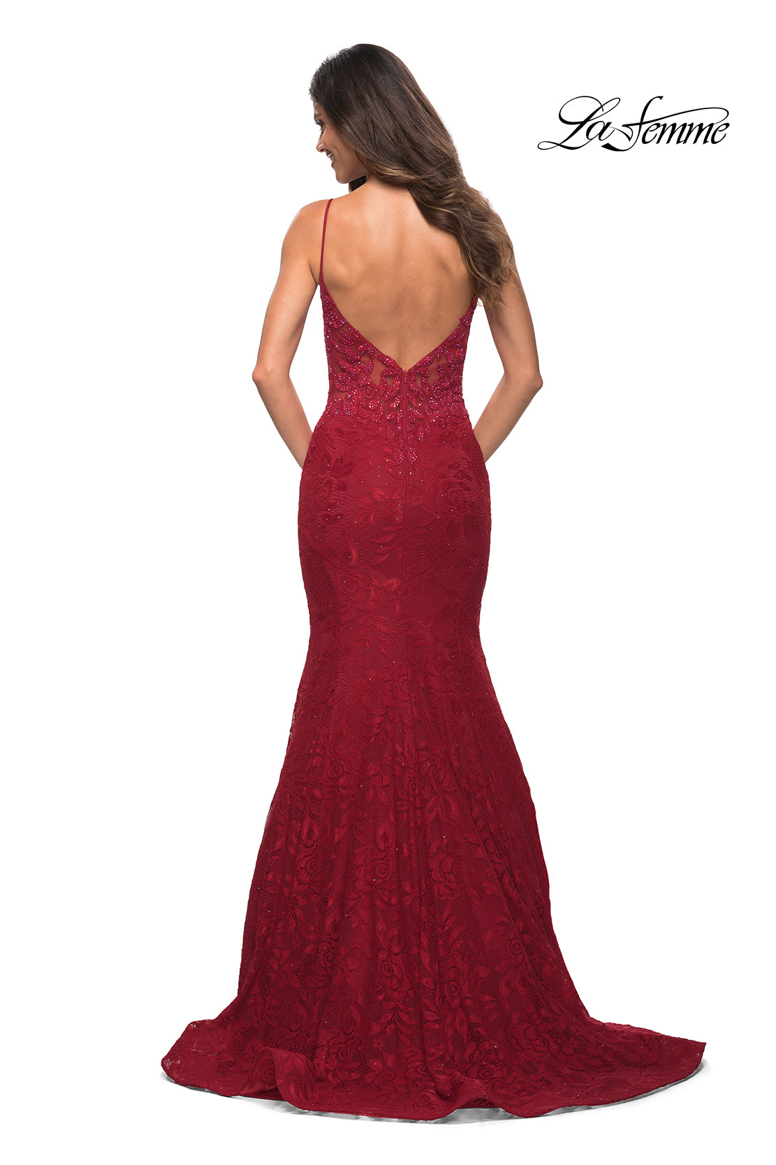 La Femme Sheer-Waist Long Lace Mermaid Prom Dress