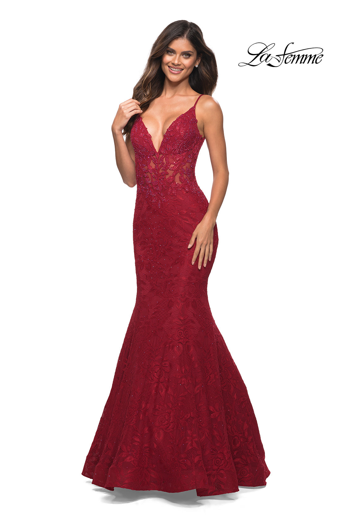 La Femme Sheer-Waist Long Lace Mermaid Prom Dress
