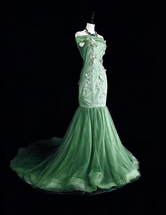 Vintage Mermaid Off The Shoulder Sage Green 70s Lace Long Prom Gown Party Wear Dresses N1836
