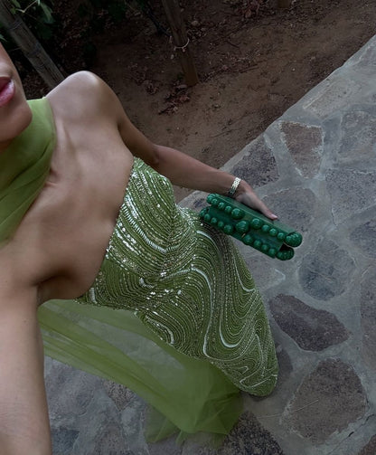 Gorgeous Light Green Strapless Sleeveless Floor length Prom Gown For Women Luxury Crystal Shinning Prom Dress N2350
